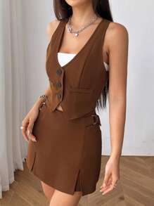 SHEIN EZwear 秋冬款纽扣前开衩背心西装外套和开衩下摆半身裙 - 棕色 - 查看 1