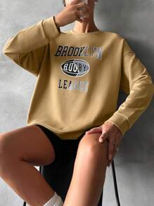 EURMUSE Letter Graphic Drop Shoulder Sweatshirt - Beige - View 3