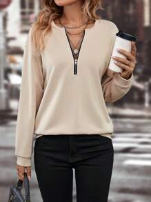 EMERY ROSE Half Zip Drop Shoulder Sweatshirt - Apricot - View 6