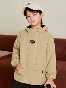 SHEIN 男大童字母拼貼細節帶蓋口袋連帽外套 - 卡其色 - 查看 4