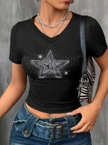 Camiseta corta con diseño de strass estilo estrella callejera - Negro - Ver 1