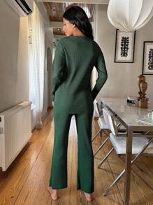 RueChic Slogan Graphic Ribbed Knit Lounge Set - Green - View 2