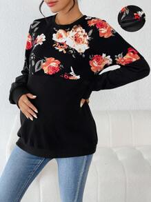 SHEIN 圓領花卉印花拼布寬鬆雙拉鍊孕婦及哺乳期運動連帽衫 - 黑色 - 查看 1
