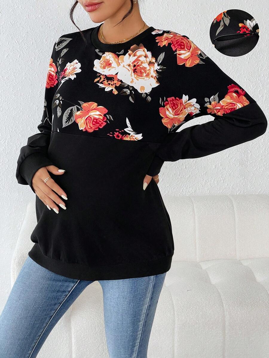 SHEIN 圓領花卉印花拼布寬鬆雙拉鍊孕婦及哺乳期運動連帽衫 - 黑色 - 查看 1