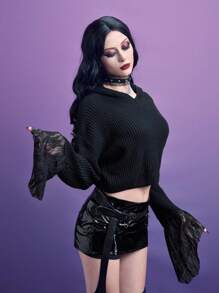 ROMWE PUNK 素色荷葉袖短款毛衣 - 黑色 - 查看 5