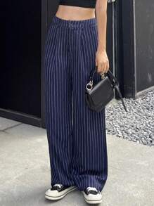 DAZY 女士休闲条纹西装裤商务装 - 藏蓝色 - 查看 5