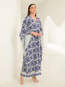 Al Najma Allover Print Batwing Sleeve Kaftan