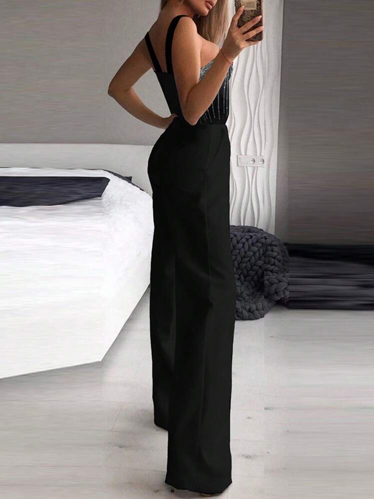 ChicMe Mono ajustado sin mangas con detalles de strass y cordones, mono sexy tipo body - Negro - Añade 2