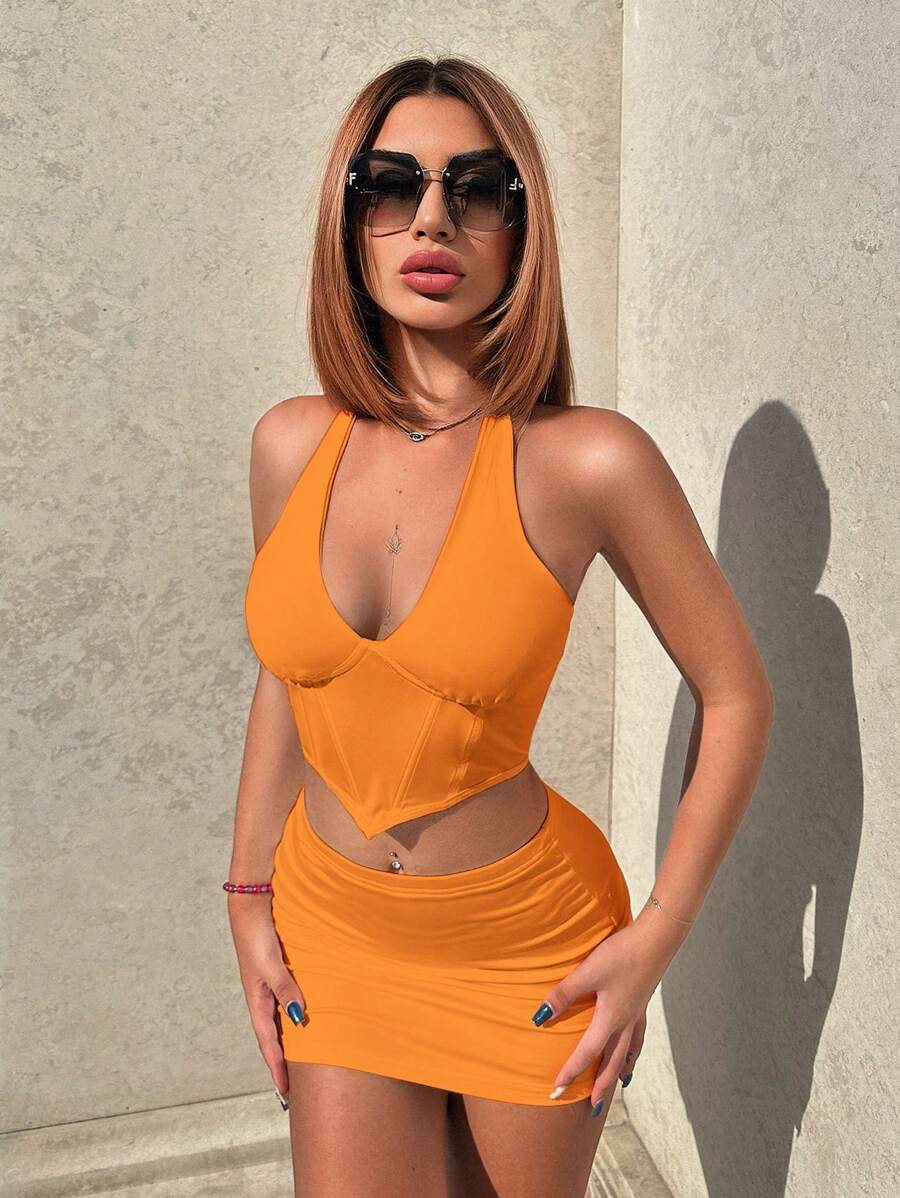 SHEIN SXY Solid Halter Top & Bodycon Skirt - Orange - View 1