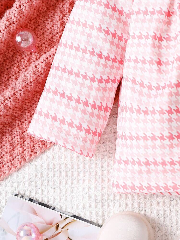 Baby Girl Houndstooth Print Borg Collar Bow Front Coat