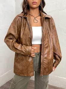 SHEIN EZwear 落肩袖拉鏈開襟PU皮革外套 - 棕色 - 查看 3