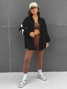 SHEIN EZwear 字母圖案落肩袖襯衫 - 黑色 - 查看 6