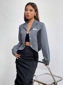 Flirla Letter Graphic Two Tone Asymmetrical Hem Blazer Fall Cloth For Women - Multicolor - View 3