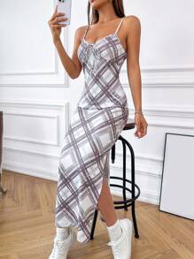 SHEIN Unity 格紋印花吊帶連衣裙 - 杏色 - 查看 6