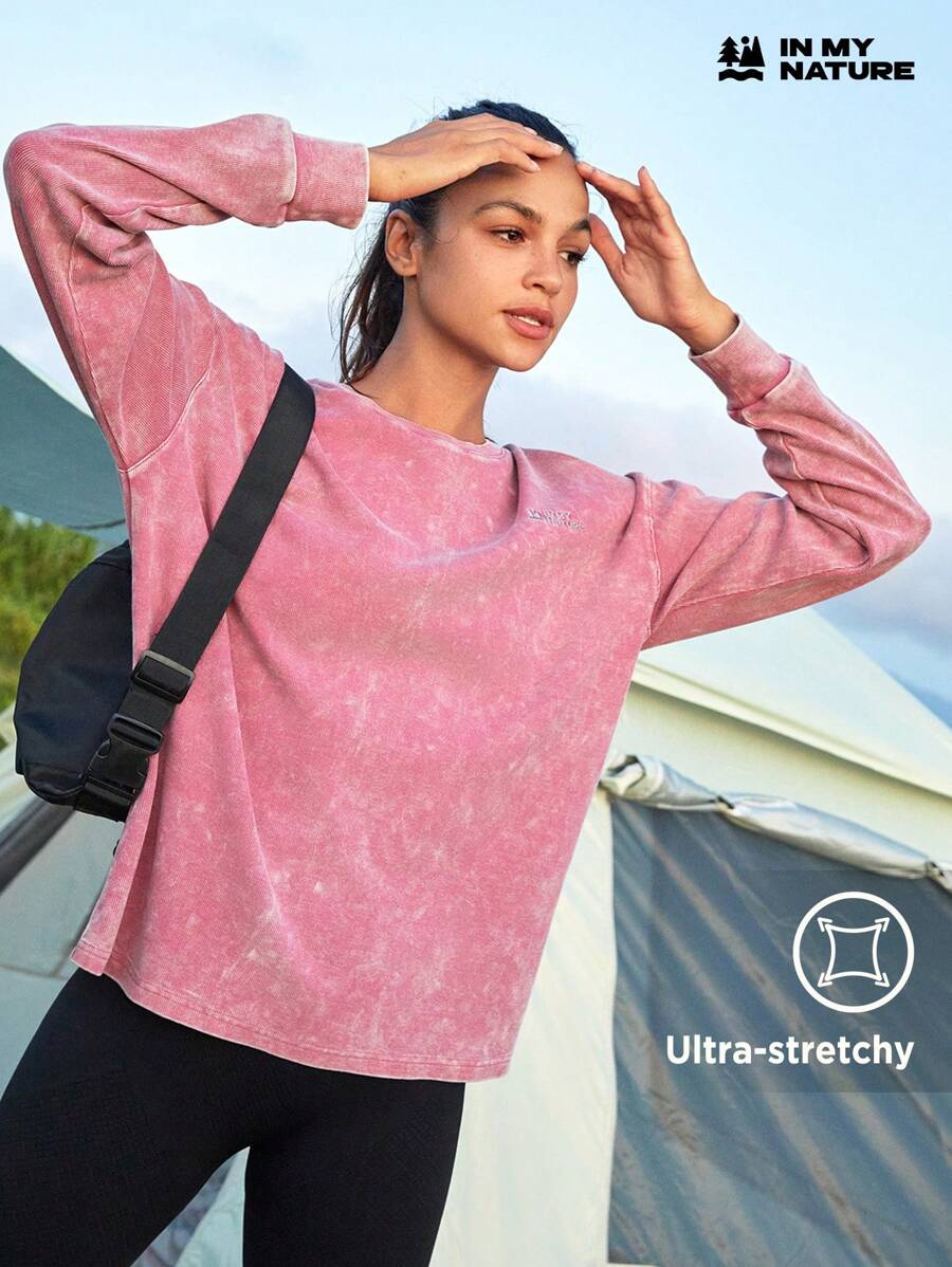 In My Nature Vintage American Style Loose-fitting & Washed & Distressed & Long Sleeve T-shirt For Outdoor Sports, Hiking, Urban Commute - Pink - View 1