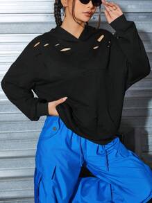 SHEIN Coolane Capucha unicolor desgarro de hombros caídos - Negro - Ver 1