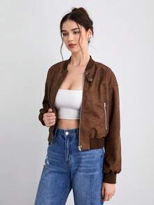 SHEINNeu Cazadora tipo bomber con cremallera de hombros caídos PU - Óxido marrón - Ver 3