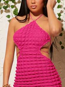 SHEIN BAE Cut Out Waist Tie Backless Halter Neck Bodycon Dress - Hot Pink - View 3