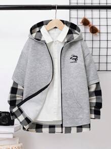 SHEIN Tween Boy Plaid Print Zip Up Hooded 2 In 1 Coat Without Shirt - Light Grey - View 1