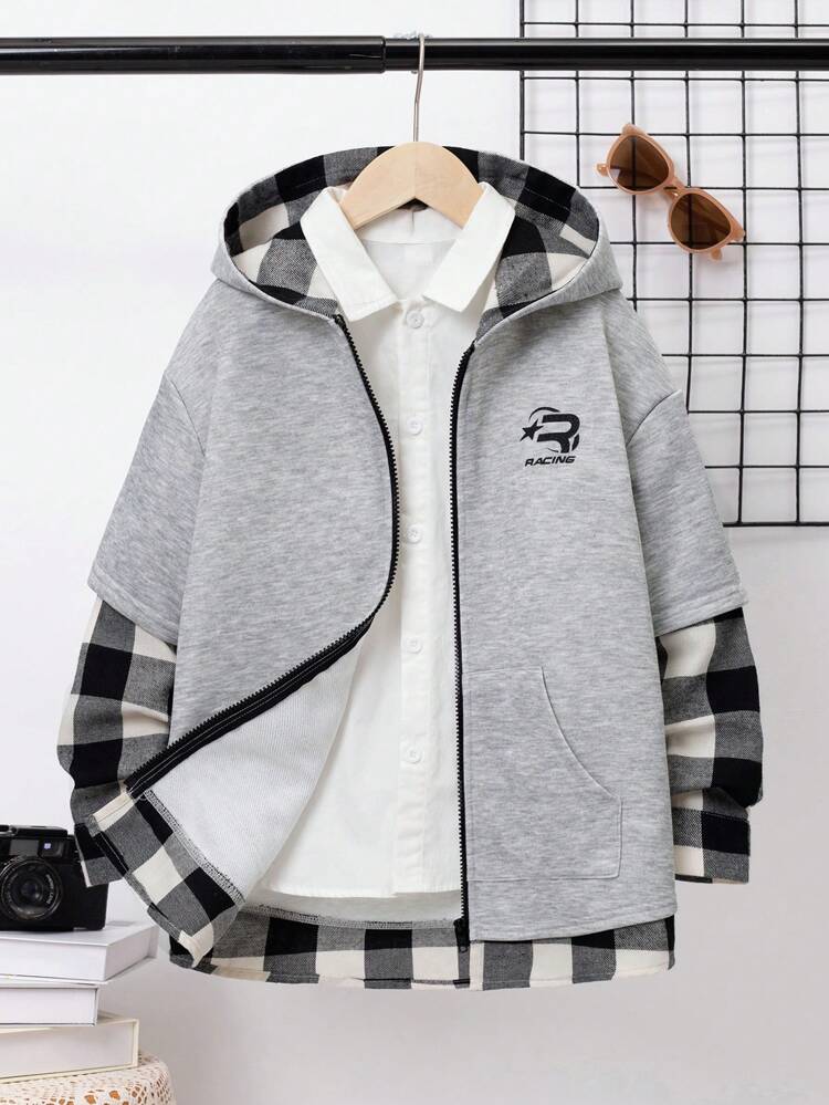 Tween Boy Plaid Print Zip Up Hooded 2 In 1 Coat Without Shirt