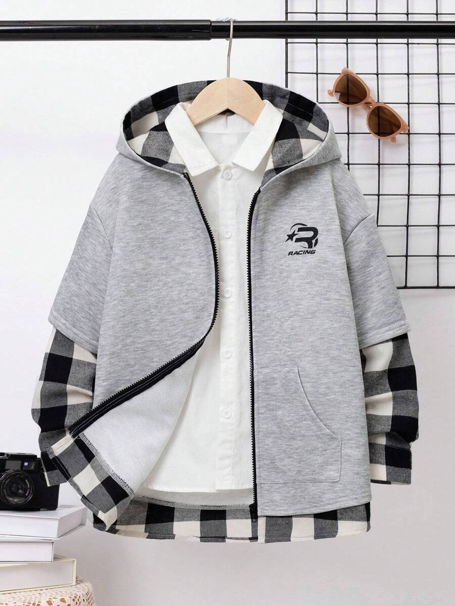 SHEIN Tween Boy Plaid Print Zip Up Hooded 2 In 1 Coat Without Shirt - Light Grey - View 1