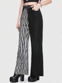 ROMWE Goth Striped Print Flare Leg Pants - Black and White - View 6