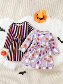 SHEIN Váy bé gái 2 mảnh kẻ sọc & in họa tiết Halloween, dành cho tiệc Halloween - Nhiều màu - Xem 1