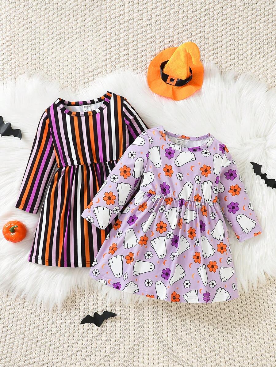 SHEIN Váy bé gái 2 mảnh kẻ sọc & in họa tiết Halloween, dành cho tiệc Halloween - Nhiều màu - Xem 1