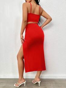 SHEIN Essnce Solid Cami Top & Drawstring Split Thigh Skirt