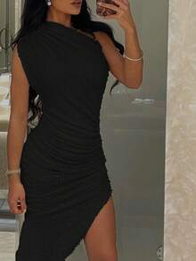 Vestido ajustado bajo asimétrico fruncido - Negro - Ver 4