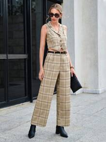 SHEIN BIZwear 格紋印花馬甲西裝外套&闊腿褲不附腰帶 - 卡其色 - 查看 3