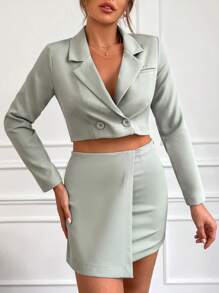 RueChic Double Button Crop Blazer & Wrap Skirt - Mint Green - View 5