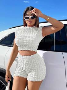 SHEIN SXY Summer Solid Crop Tee & Shorts - White - View 3