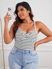 SHEIN Essnce Plus Striped Twist Front Cami Top - Black and White - View 3