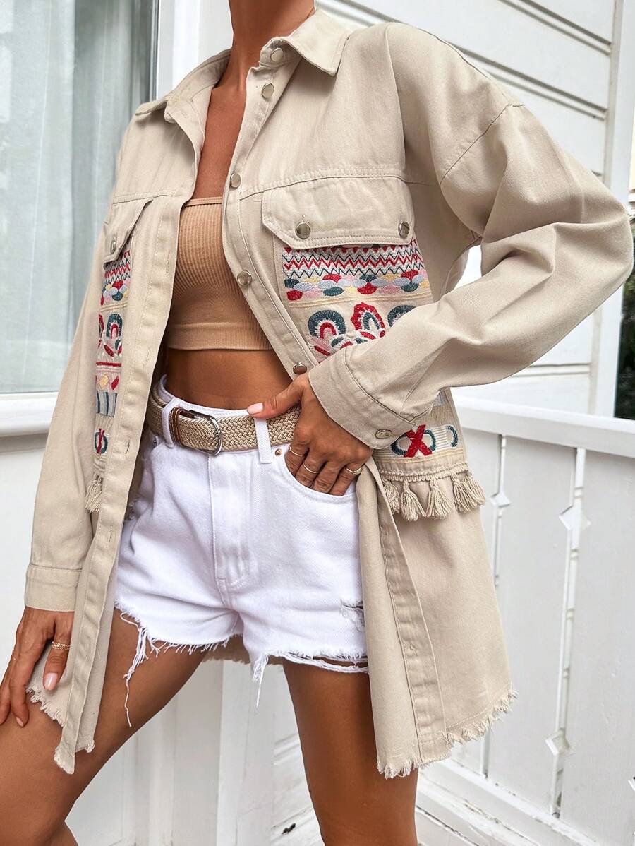 SHEIN Cottnline Geo Embroidery Raw Trimmed Tassel Detail Coat - Khaki - View 1