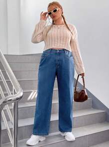 SHEIN EZwear Talla grande Jeans de pierna recta - Azul - Ver 4