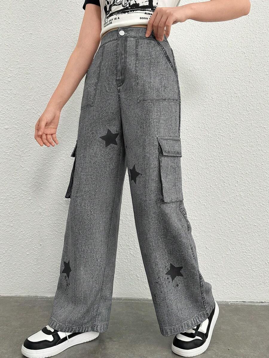 Teen Girl Star Print Flap Pocket Cargo Pants - Grey - View 1