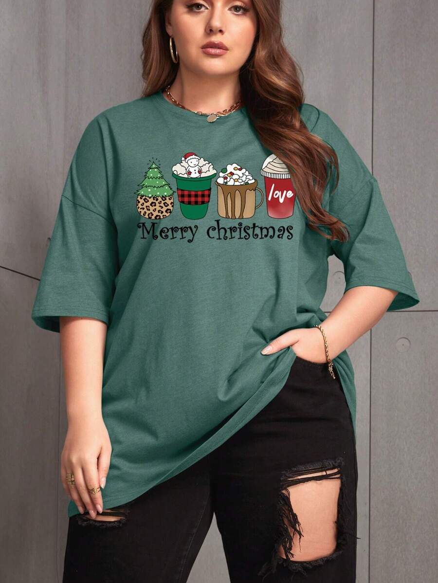 INAWLY Hơn Giáng sinh Đồ họa Áo thun Thả vai - Màu xanh lá cây đậm - Xem 1