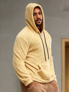 男士字母貼布袋鼠口袋抽繩毛絨帽衫 - 黃色 - 查看 4