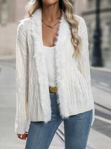 SHEIN LUNE 素色落肩袖毛茸邊麻花編織開襟開衫 - 米色 - 查看 1