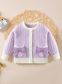 Đứa bé gái Đồ họa Houndstooth Nơ mặt trước Áo len Mở - Màu tím - Xem 1