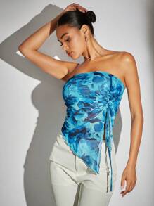 SHEIN BAE 印花側抽繩不對稱下擺網紗抹胸上衣 - 彩色 - 查看 3