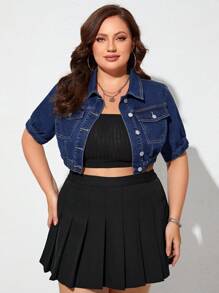 SHEIN Essnce Plus Flap Pocket Crop Denim Jacket - Dark Wash - View 3
