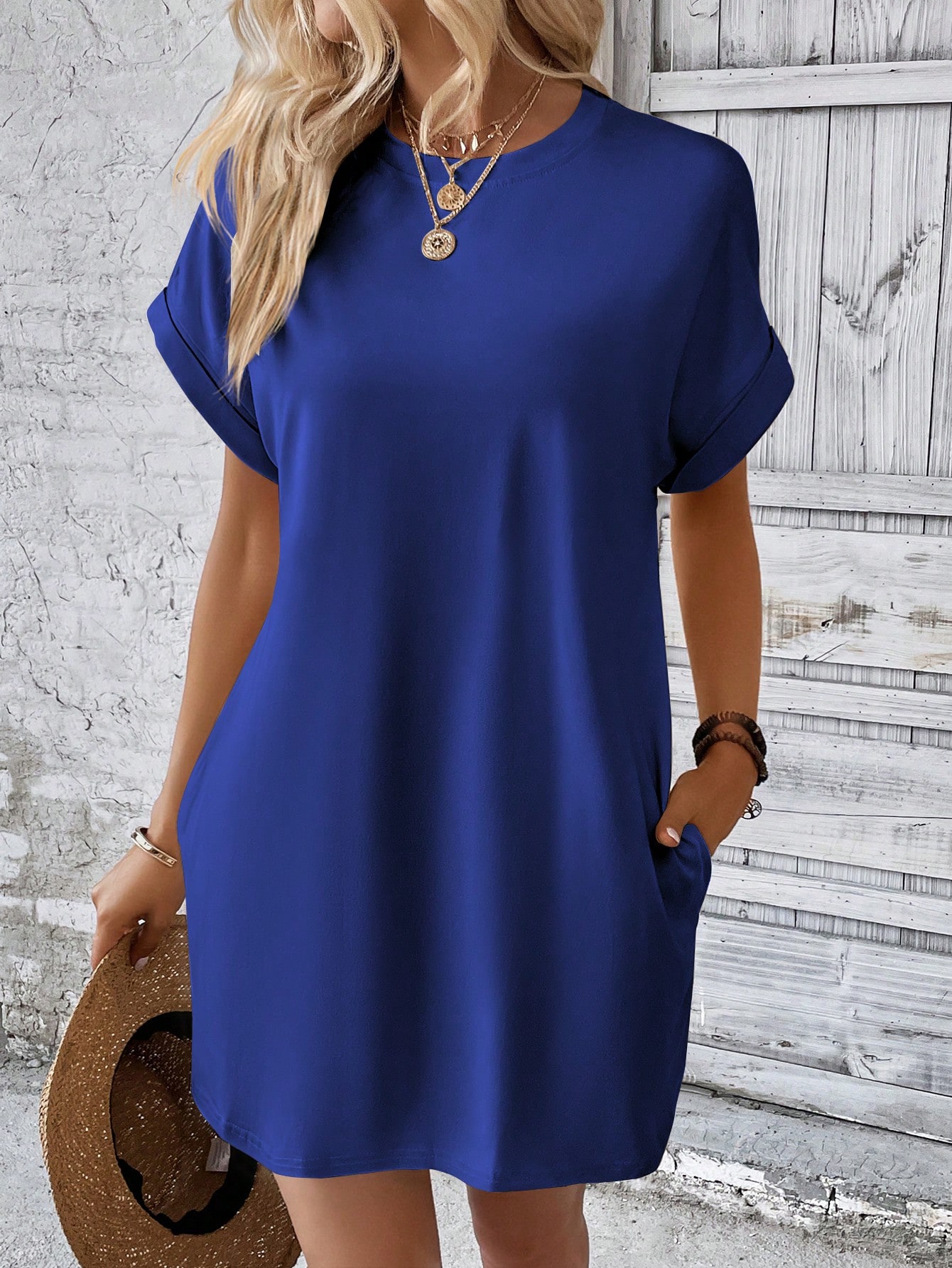 SHEIN LUNE Solid Hidden Pocket Batwing Sleeve Tee Dress sz2305168610817297