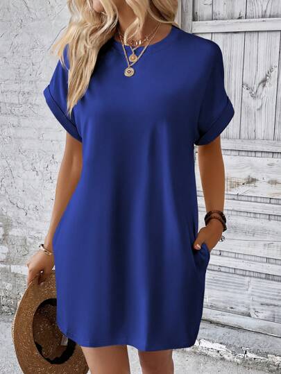 INAWLY Solid Hidden Pocket Batwing Sleeve Tee Dress