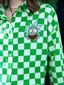 Rick and Morty X SHEIN 卡通和棋盤格印花前紐扣襯衫 - 彩色 - 查看 8