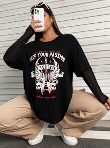 SHEIN EZwear Hơn Halloween Sọ & Đồ họa Khẩu hiệu Thả vai Tee 2 trong1 - màu đen - Xem 5