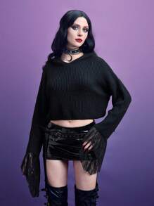 ROMWE PUNK 素色荷葉袖短款毛衣 - 黑色 - 查看 1