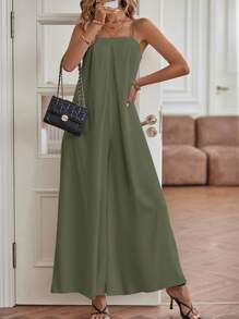 SHEIN LUNE 素色闊腿吊帶連體褲 - 綠色 - 查看 3