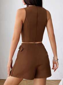 SHEIN EZwear 秋冬款纽扣前开衩背心西装外套和开衩下摆半身裙 - 棕色 - 查看 2